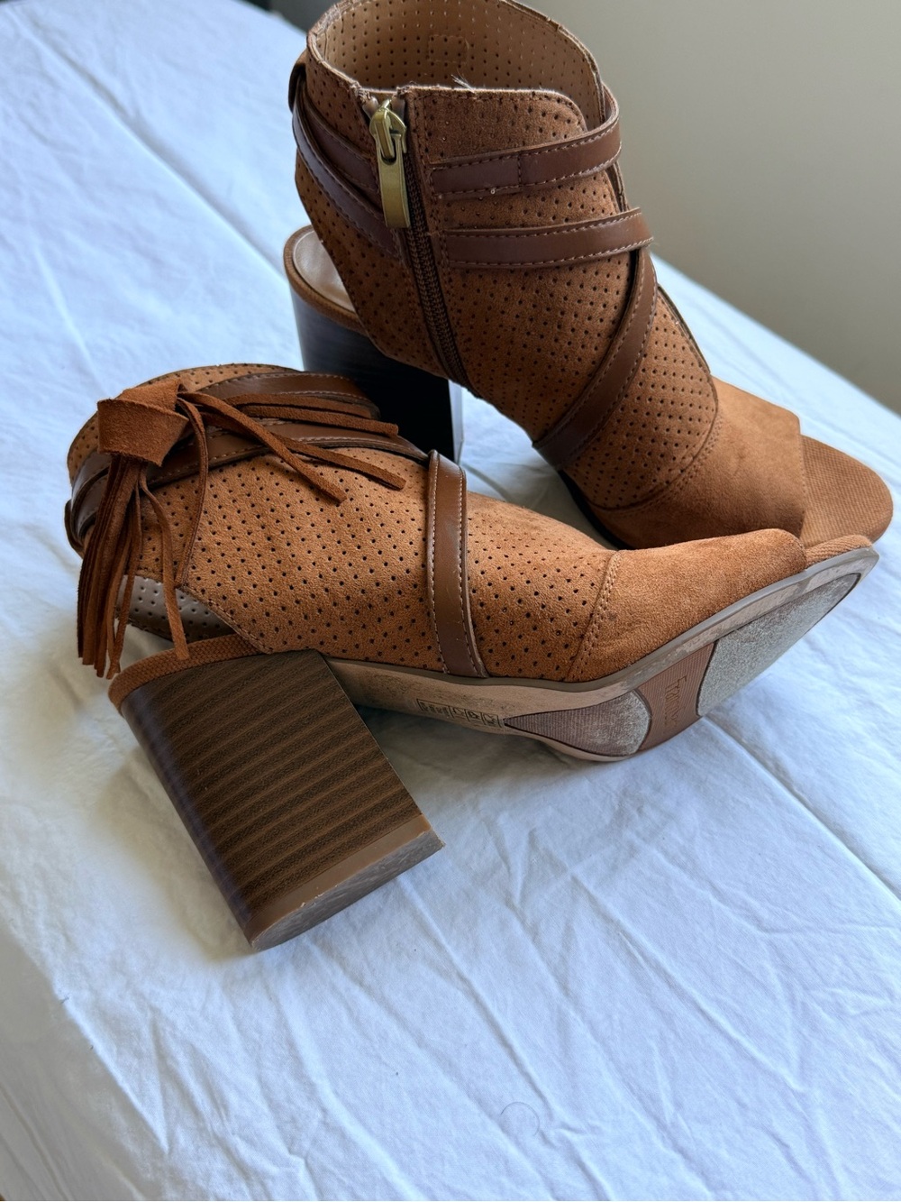 Franco Sarto Tan Suede Open-Toe Perforated Ankle Heels